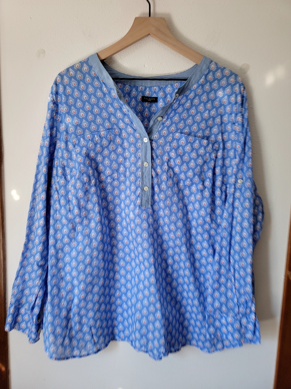 Talbots Blue Printed Henley Tunic 100% Cotton Sz 16W